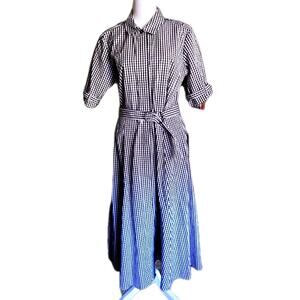 Calvin Klein Gingham A-Line Belted Shirt Dress Sz 8 Pockets Retro Tea Length